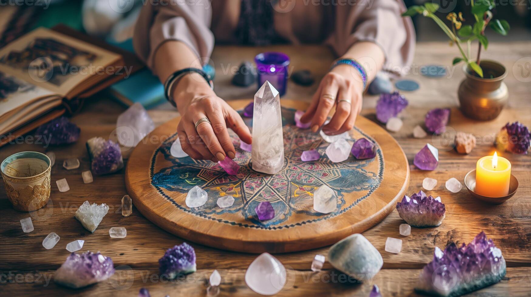 Crystal Grid Arrangement for Meditation and Healing with Purple and White Crystals on Wooden Table photo