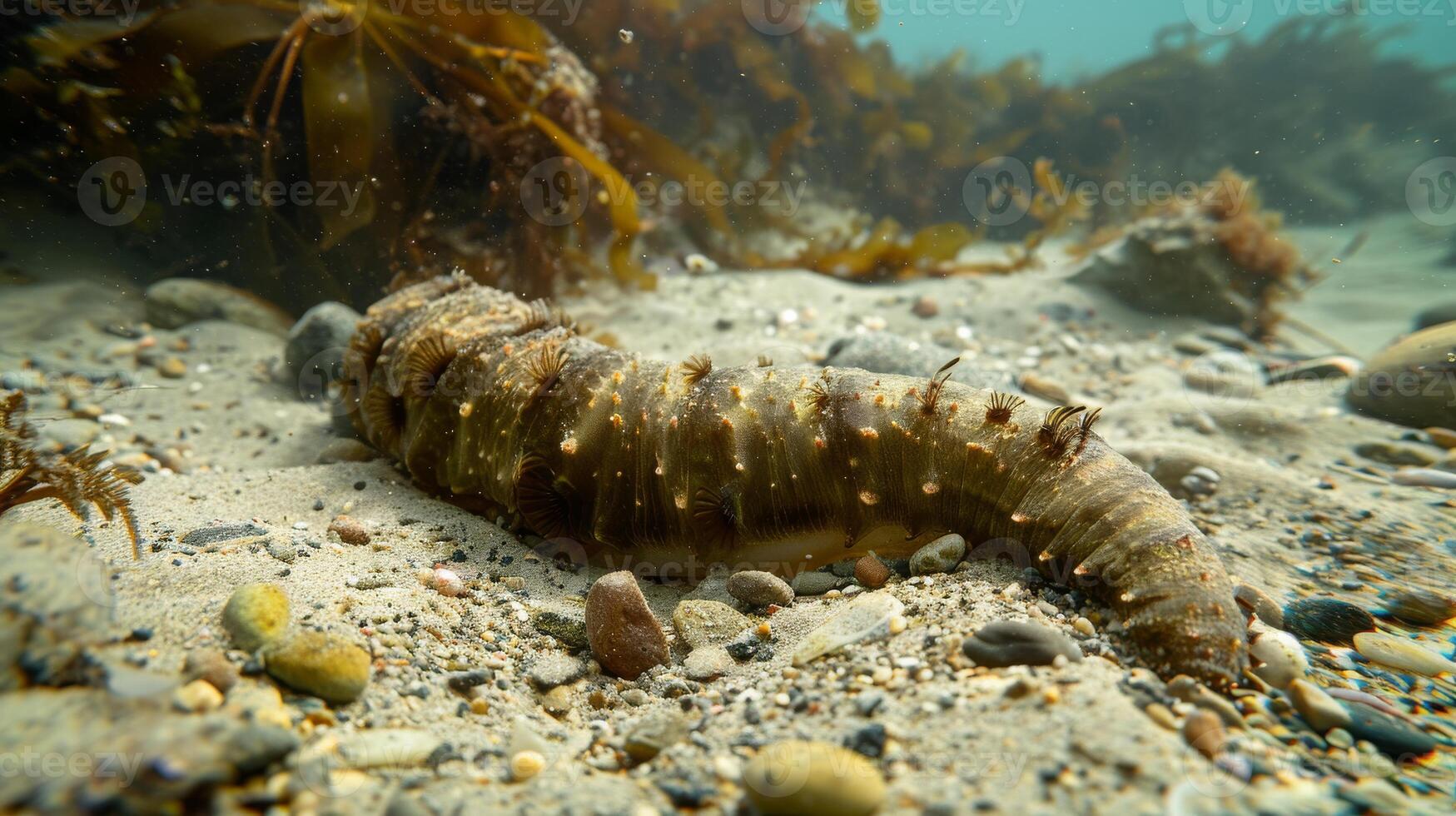 Sea Cucumber Resting on Ocean Floor Among Kelp, Marine Wildlife Habitat, Coastal Ecosystem, Underwater Photograph, Conservation photo