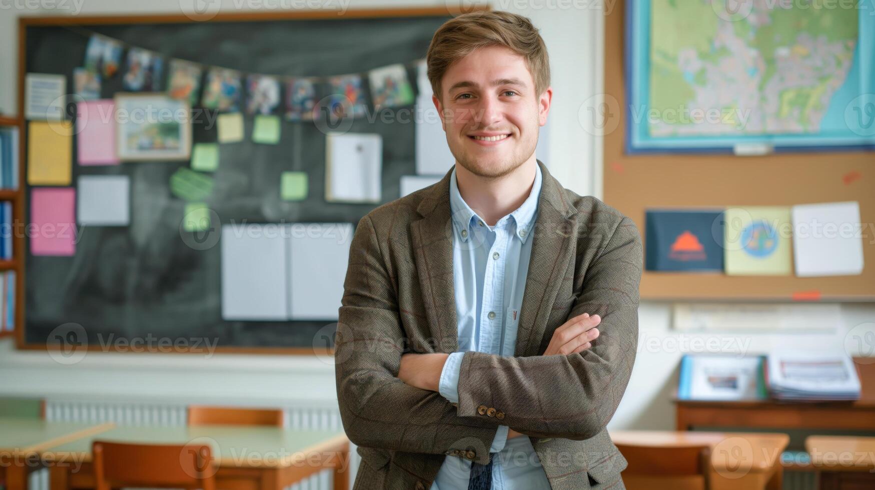 Confident British Teacher in Classroom Setting for Educational or Motivational Content Design photo