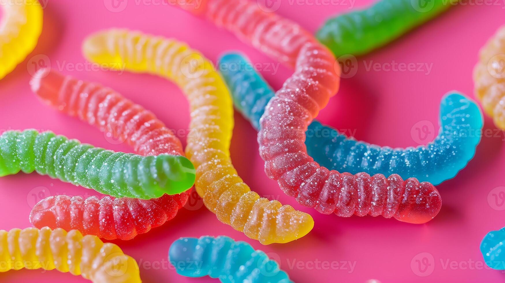 Colorful Assorted Gummy Worm Candy on Pink Background for Sweet Treats and Confectionery Design photo