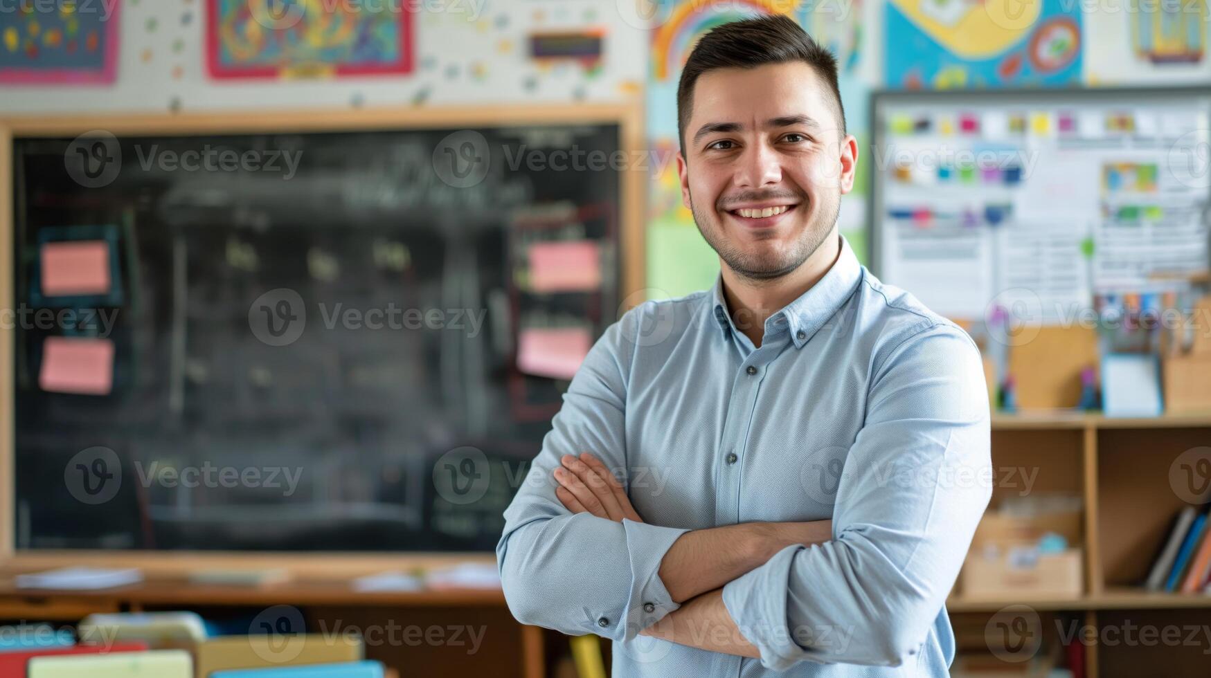 Eastern European Male School Teacher with Crossed Arms in a Colorful Classroom, Educational Setting photo