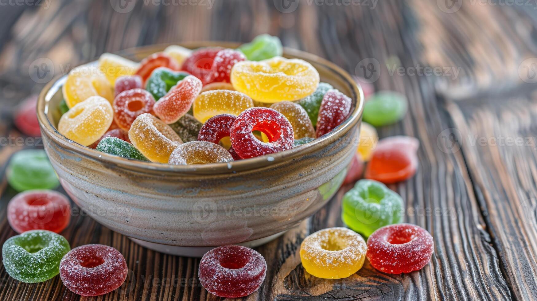 Colorful Bowl of Assorted Gummy Candies on Rustic Wooden Background for Sweet Treats and Confectionery Design photo