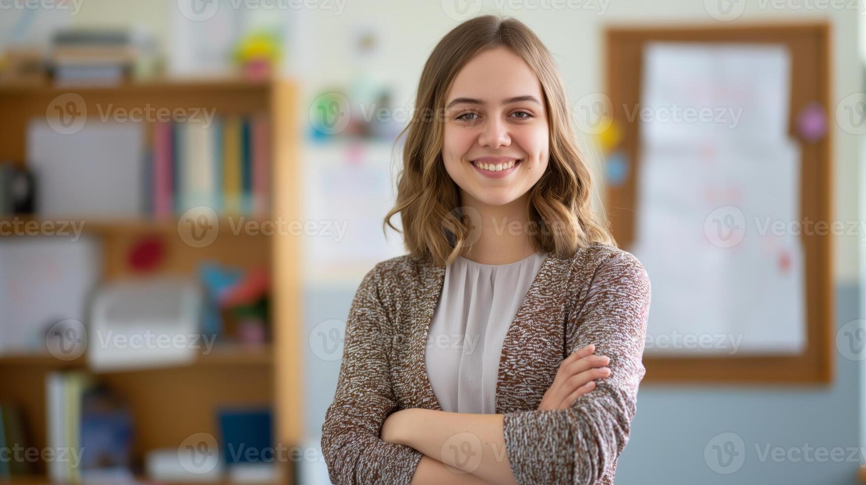 Young Eastern European Female School Teacher Smiling in Classroom for Education and Learning Concepts photo