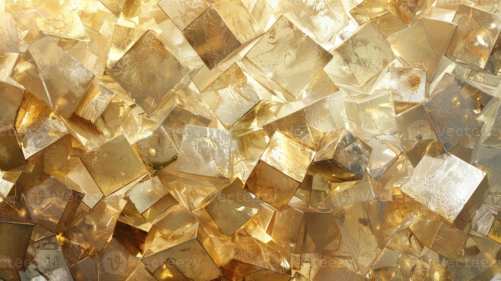 Closeup of Gleaming Pyrite Crystal Cubes Pattern in Golden Hues for Background and Decorative Design photo