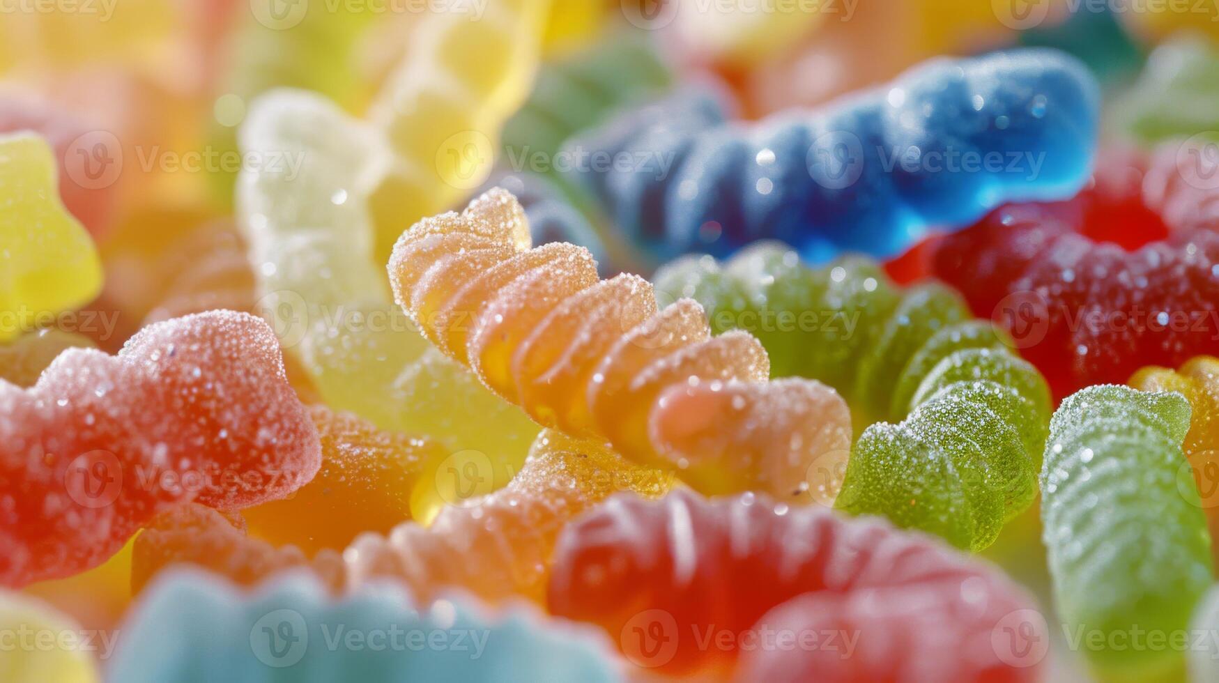 Colorful Assorted Gummy Candies CloseUp in Various Shapes with Sugar Coating Design for Print, Cards, Poster photo