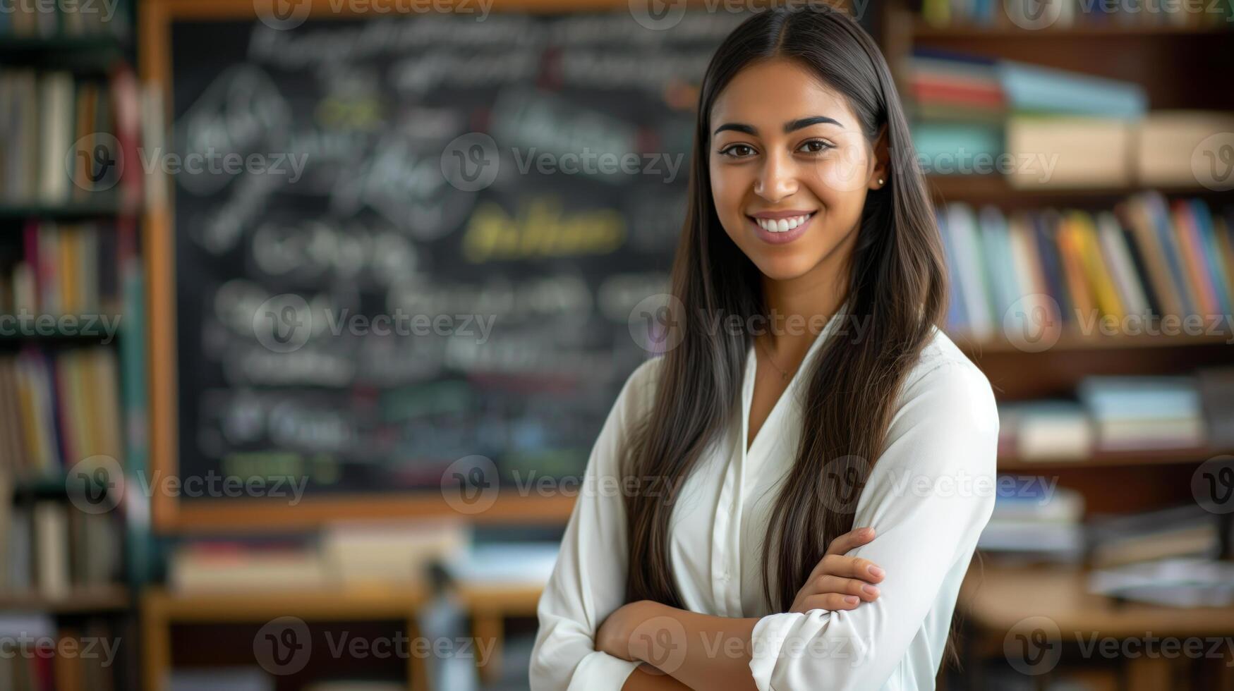Diverse Young Teacher Standing Confidently in Library Classroom Setting with Chalkboard Background for Educational Design Purposes photo