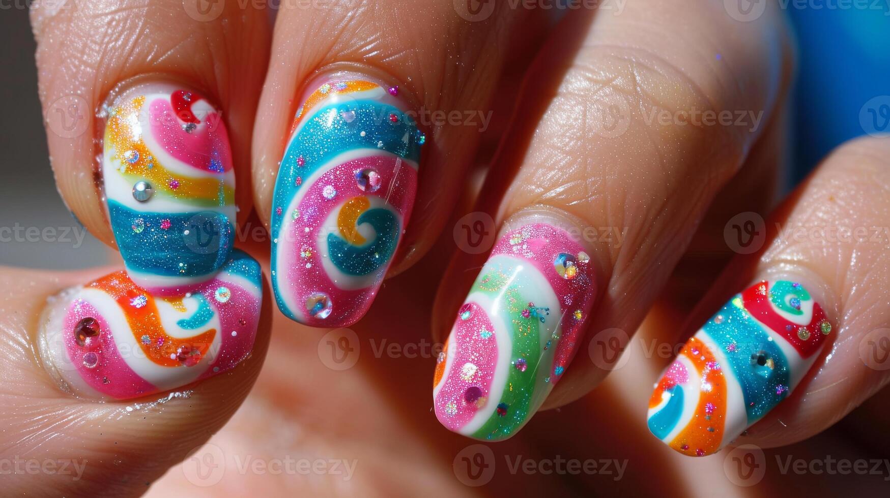 Vibrant Candy Swirl Nail Art Design with Glitter and Rhinestones for Summer Fashion photo