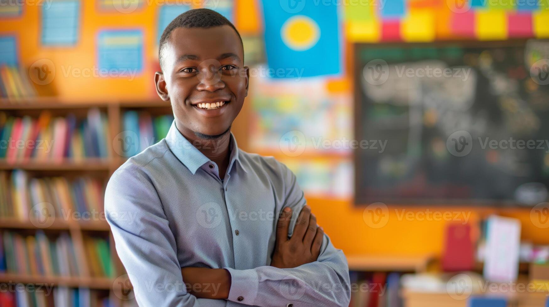 Confident Male School Teacher in Classroom Setting with Bright, Colorful Background Ideal for Education and Diversity Themes photo