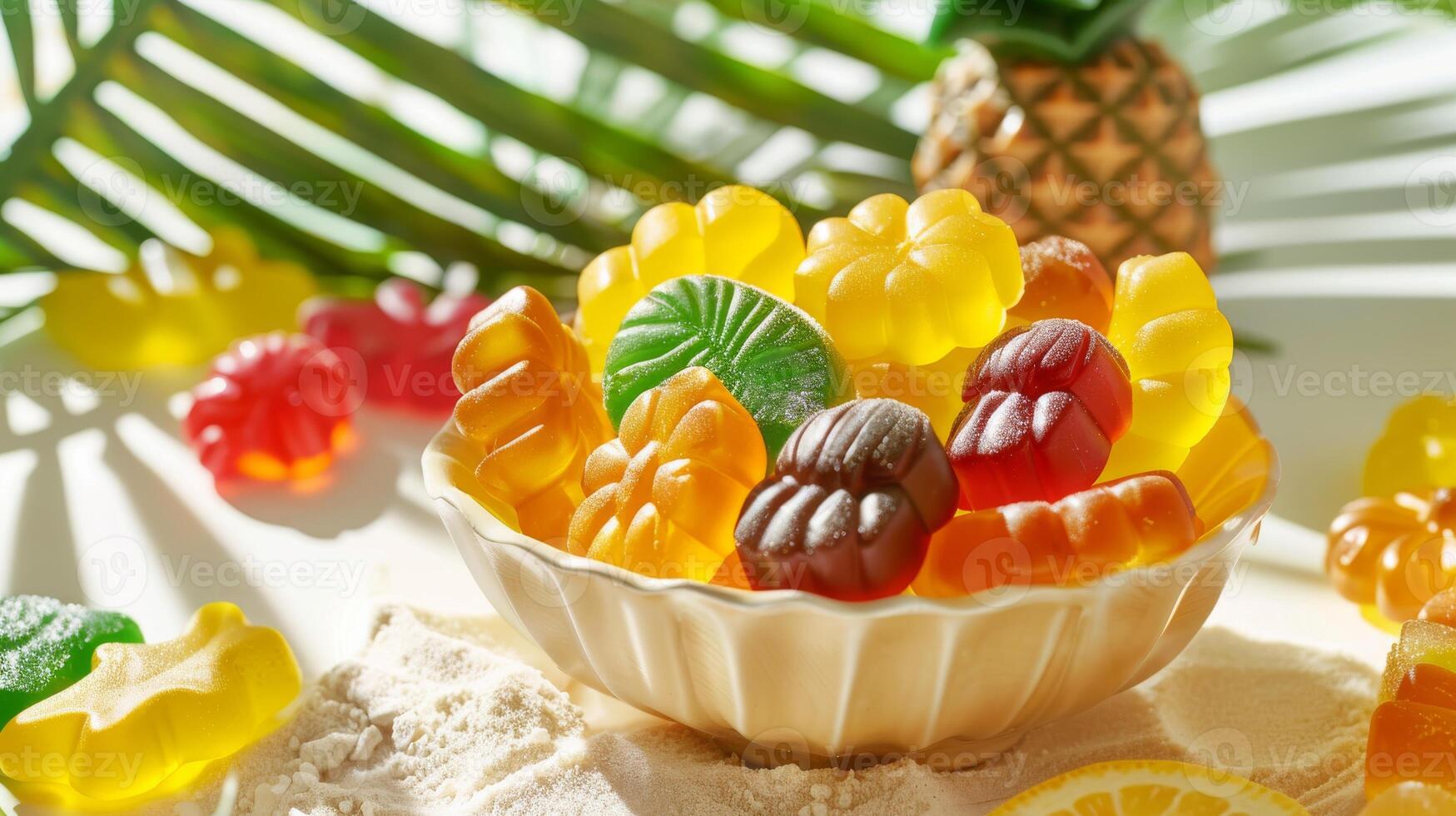 Tropical Gummy Fruit Candies in Bowl with Pineapple and Palm Leaves for Summer Vacation Poster photo