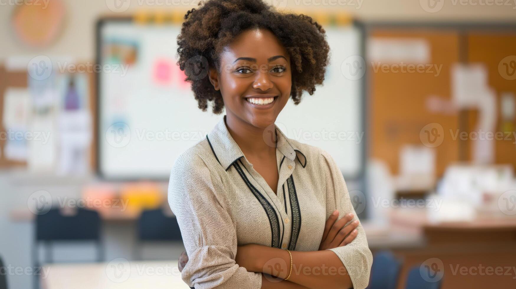 Confident African American Female Teacher in Classroom Setting, Professional Educator for School, Online Learning, and Educational Content photo