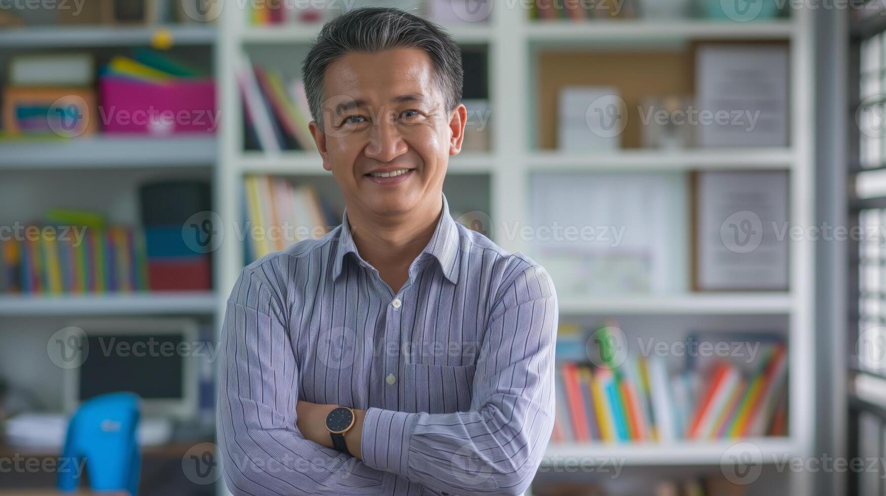 Warm Smiling MiddleAged Male Teacher in Classroom with Bookshelves and Educational Materials, Ideal for Educational Promotional Campaigns photo