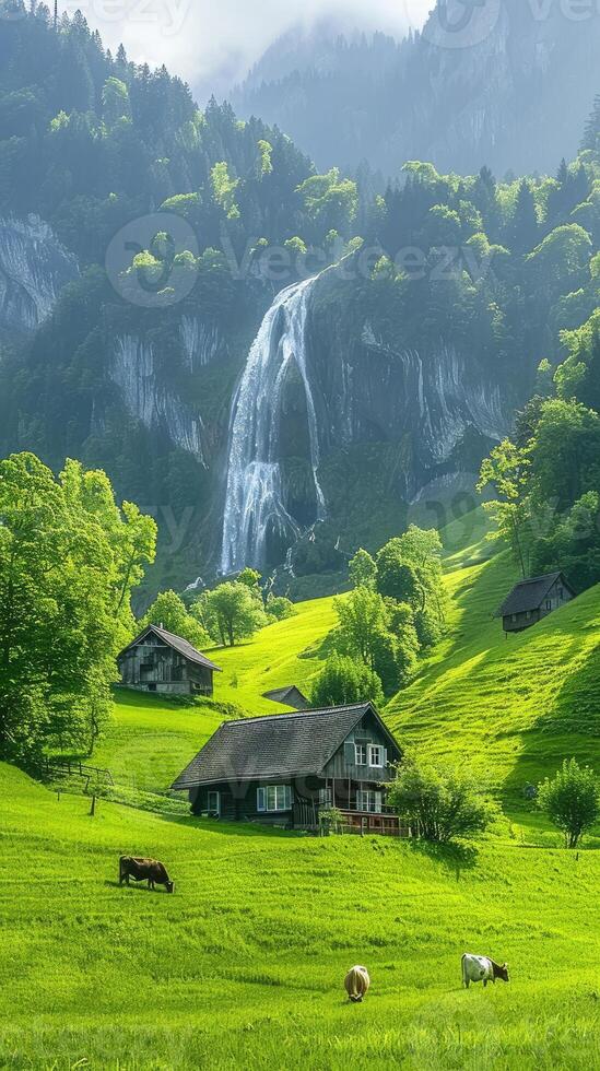 Landscape featuring cows grazing on a lush green meadow with several rustic wooden cabins and a waterfall in the background. photo