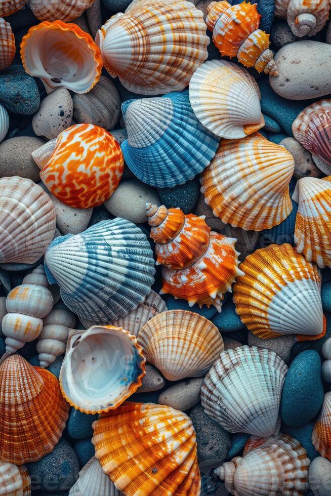 Assortment of vibrant seashells in various shades of blue, orange, and white, highlighting their intricate patterns and natural beauty, lying closely together. photo