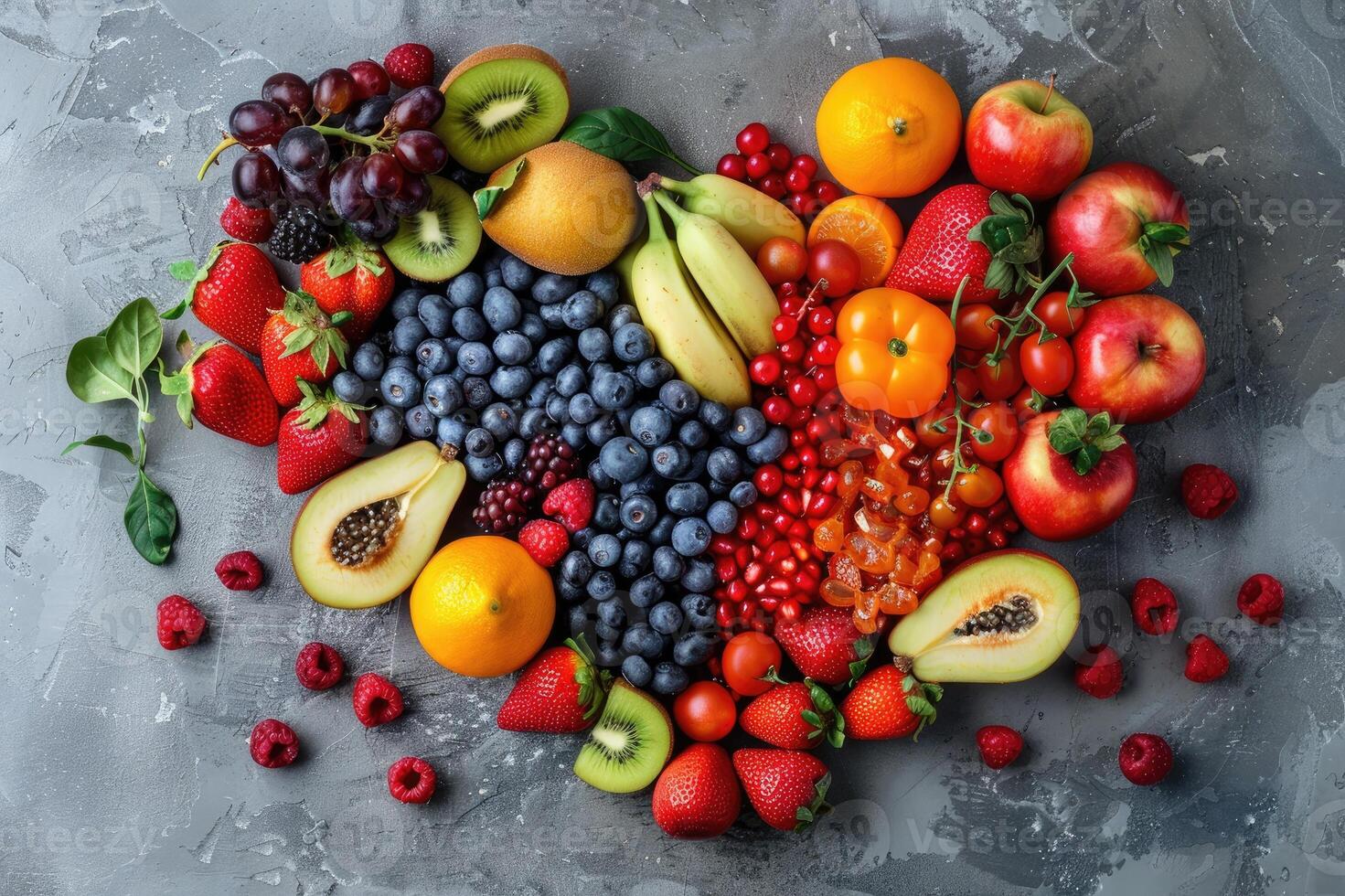 Top view of various fruits in heart shape on grey kitchen table. photo
