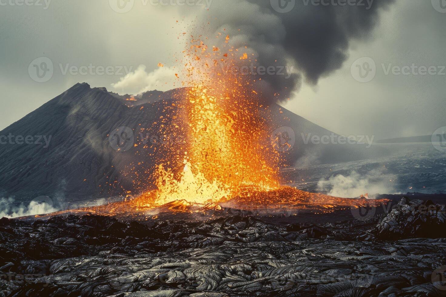 Massive volcanic eruption with fiery lava and dense smoke photo