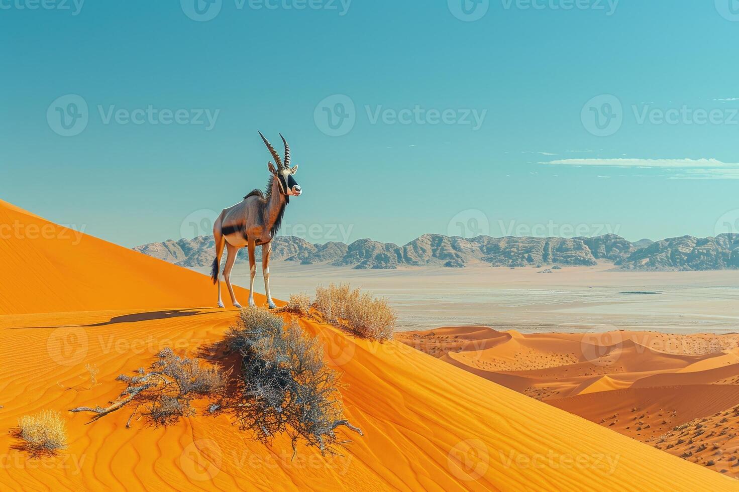 Lone antelope with long, elegant horns standing amidst the sprawling sand dunes of a vast desert, showcasing the raw beauty and serenity of nature. photo