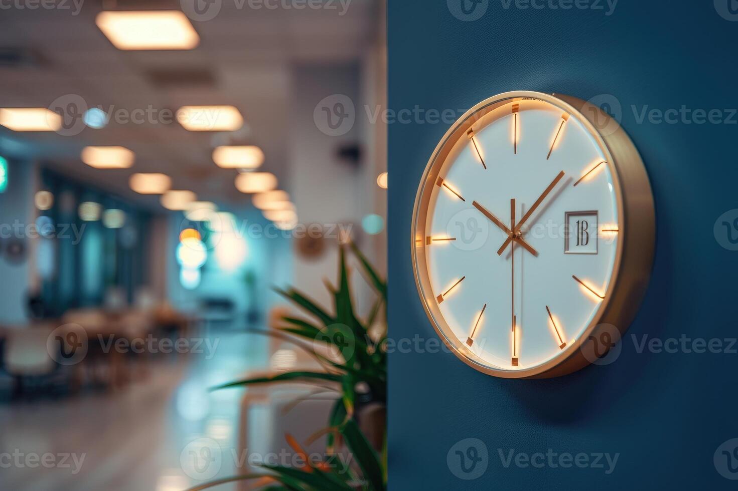 Modern clock on wall in a stylish office setting. photo