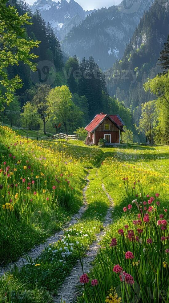 A charming cottage in a picturesque valley surrounded by lush greenery, vibrant wildflowers, and tranquil mountain landscapes photo