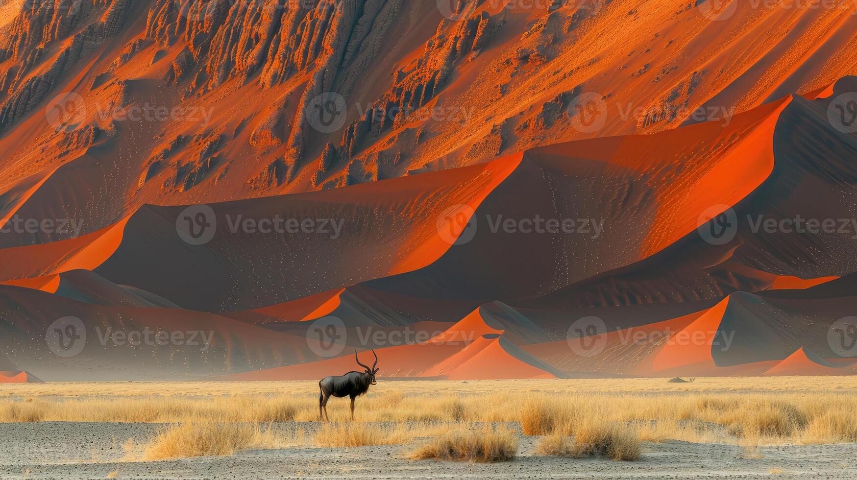 Lone antelope with long, elegant horns standing amidst the sprawling sand dunes of a vast desert, showcasing the raw beauty and serenity of nature. photo