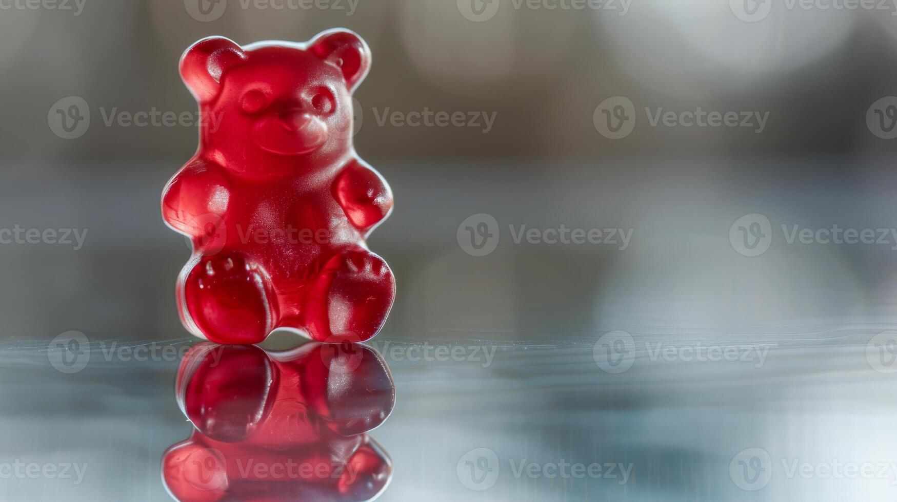 CloseUp Macro Shot of Red Gummy Bear Candy with Reflection for Confectionery and Sweet Treat Design photo