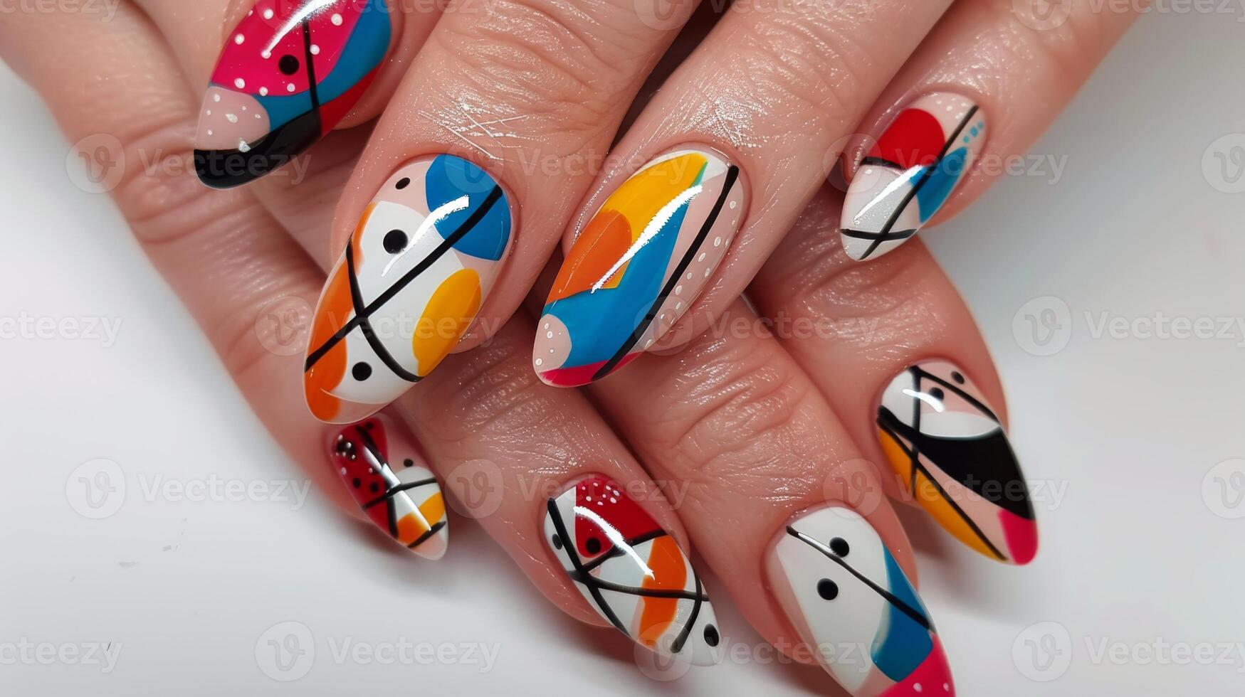 Modern Art Inspired Abstract Nail Design Featuring Bright Colors and Unique Patterns photo