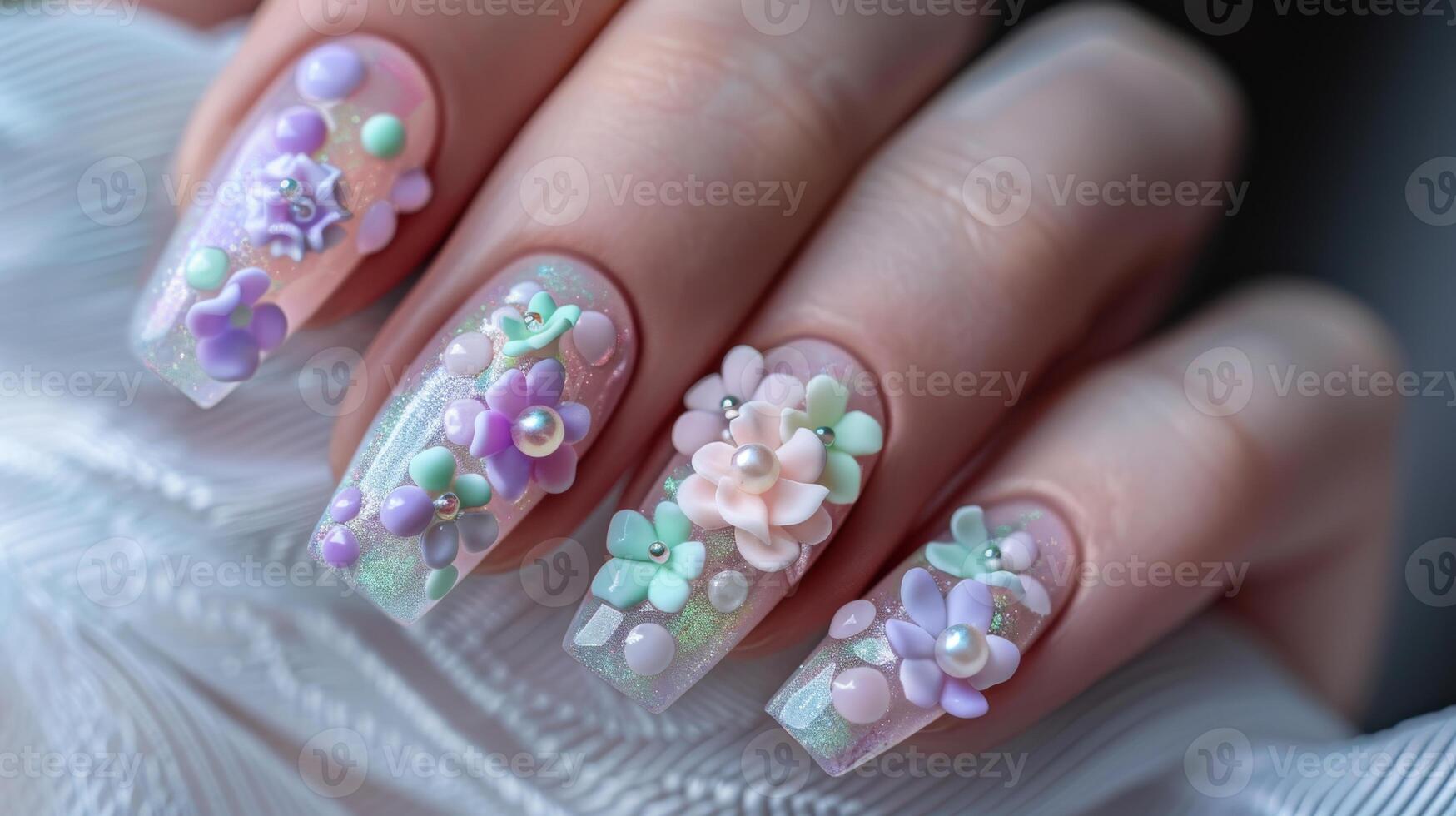 Elegant 3D Floral Nail Art Design with Pastel Colors, Pearls and Sparkles, Perfect for Spring and Summer Fashion, Design for Print, Card, Poster photo