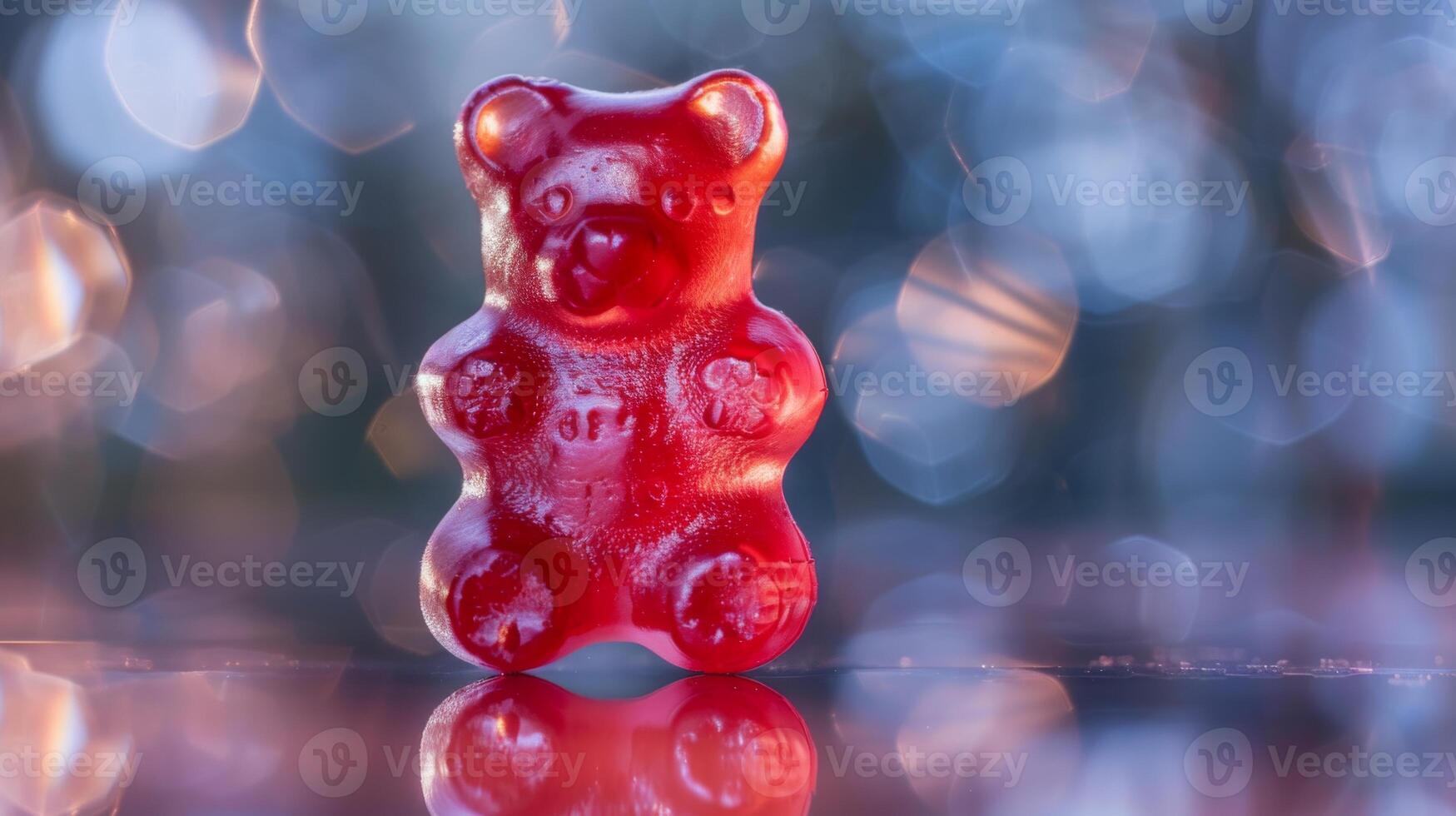 Macro Shot of Red Gummy Bear with Sparkling Bokeh Background for Abstract Design and Confectionery Advertising photo
