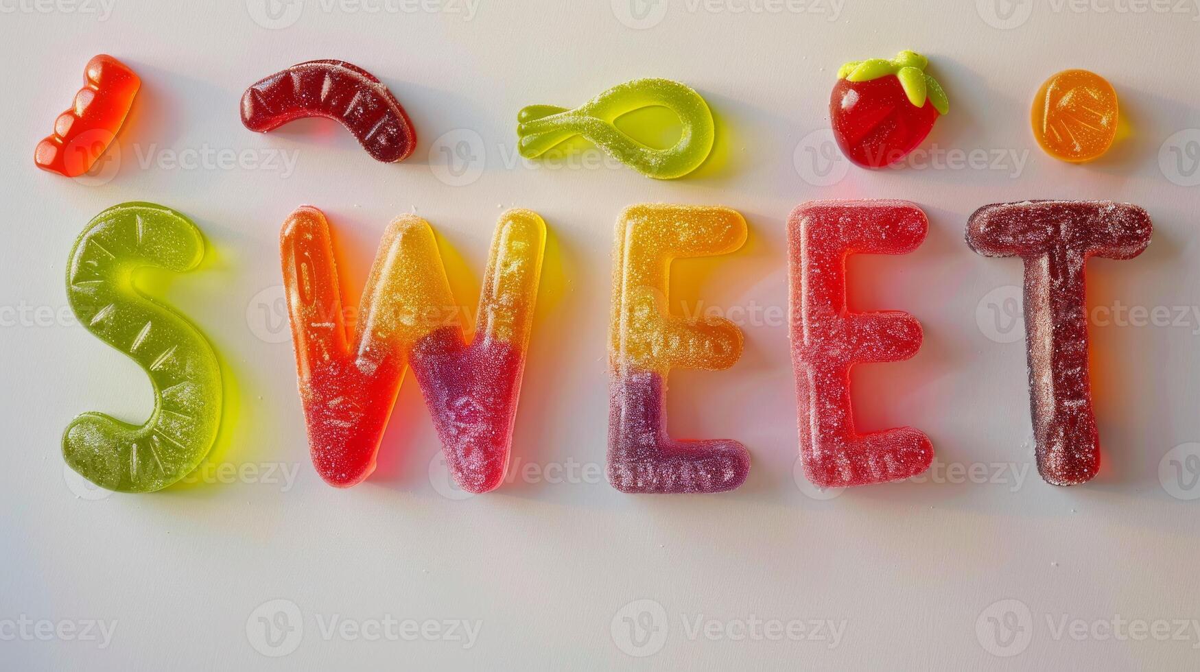 Colorful Gummy Candies Forming the Word Sweet, Perfect for Confectionery Branding and Advertising Designs photo