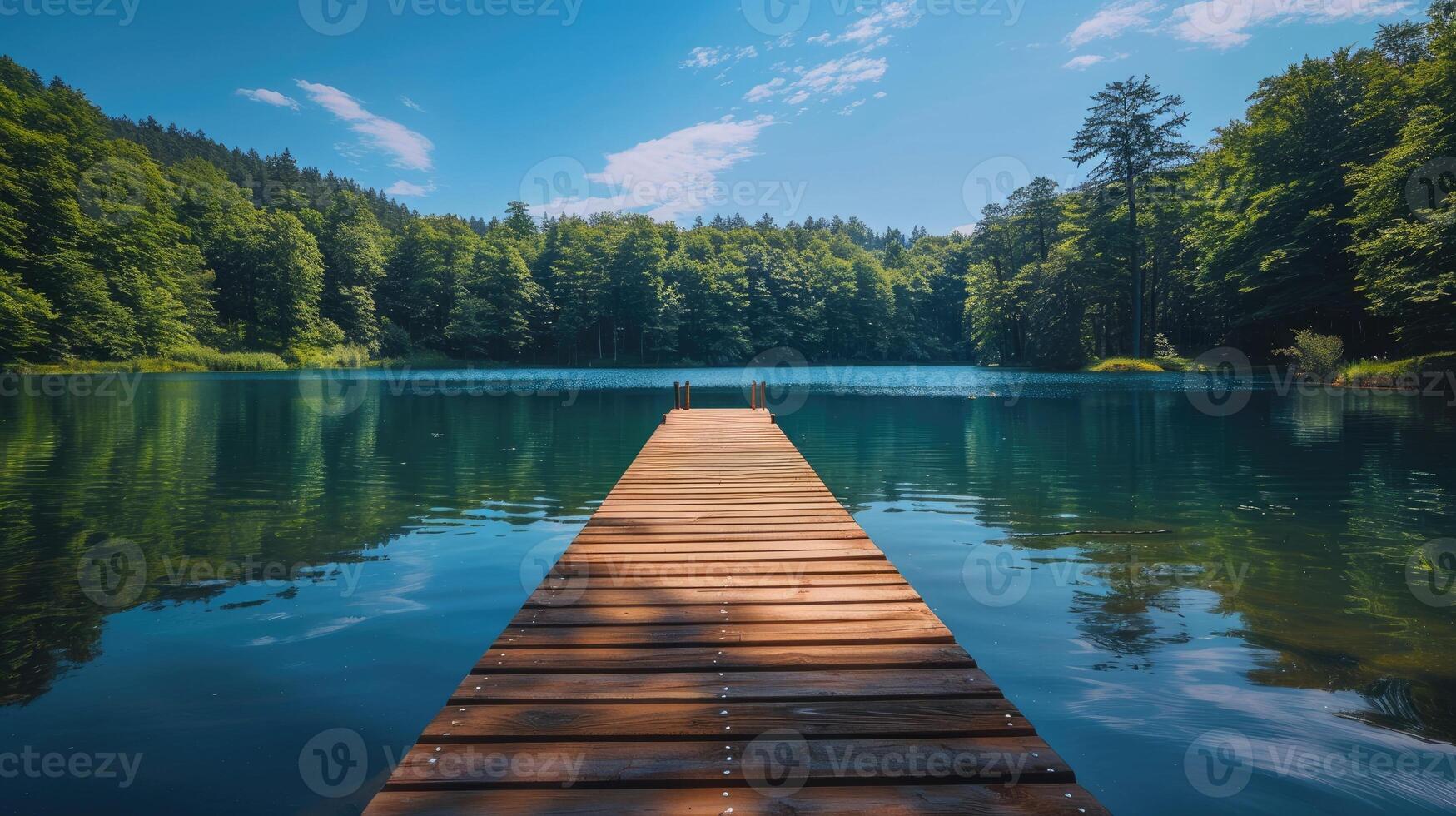 A serene scene featuring a wooden pier stretching into a tranquil, clear forest lake surrounded by lush green trees under a bright blue sky, ideal for relaxation and nature lovers. photo