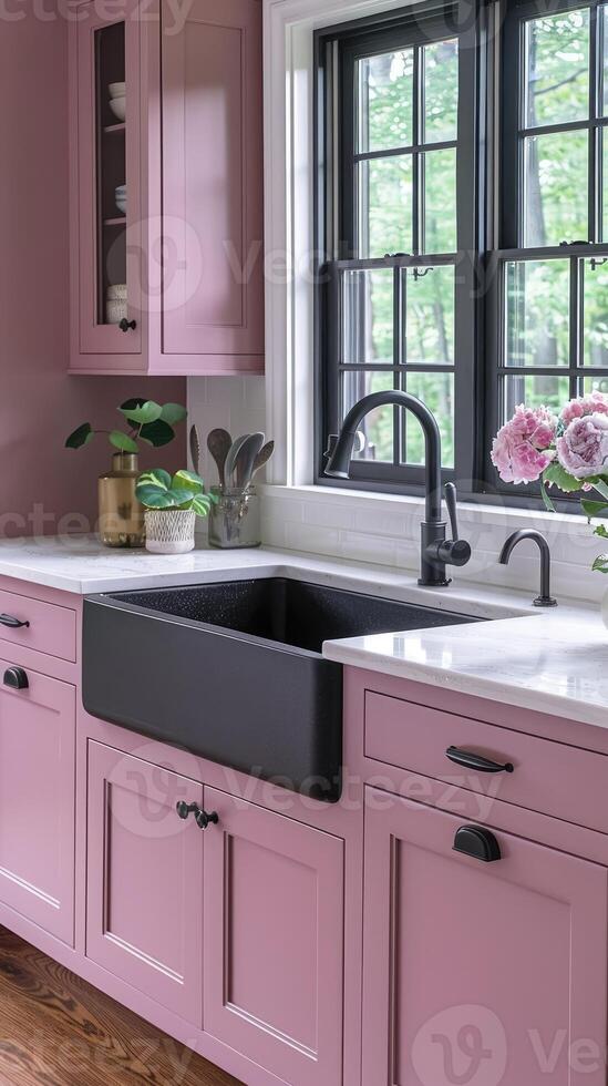 Beautiful farmhouse style pink kitchen photo