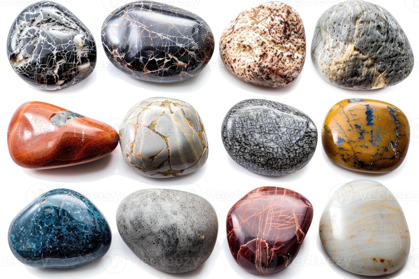 Colorful and varied collection of smooth river stones photo