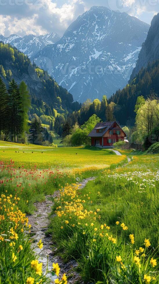 A charming cottage in a picturesque valley surrounded by lush greenery, vibrant wildflowers, and tranquil mountain landscapes photo