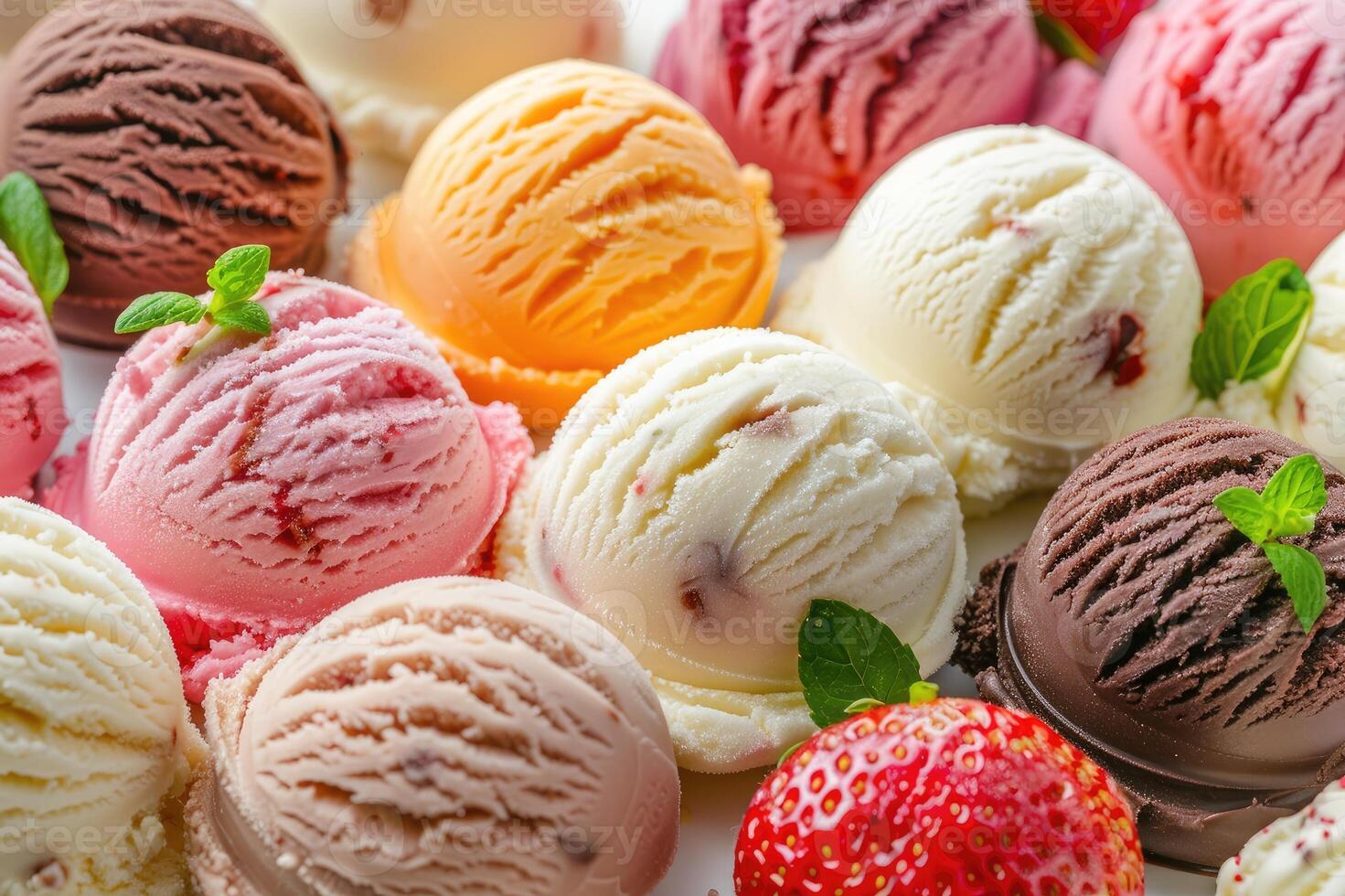 Assortment of deliciously colorful ice cream scoops in a variety of flavors photo