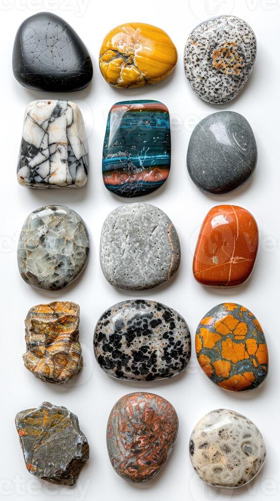 Colorful and varied collection of smooth river stones photo