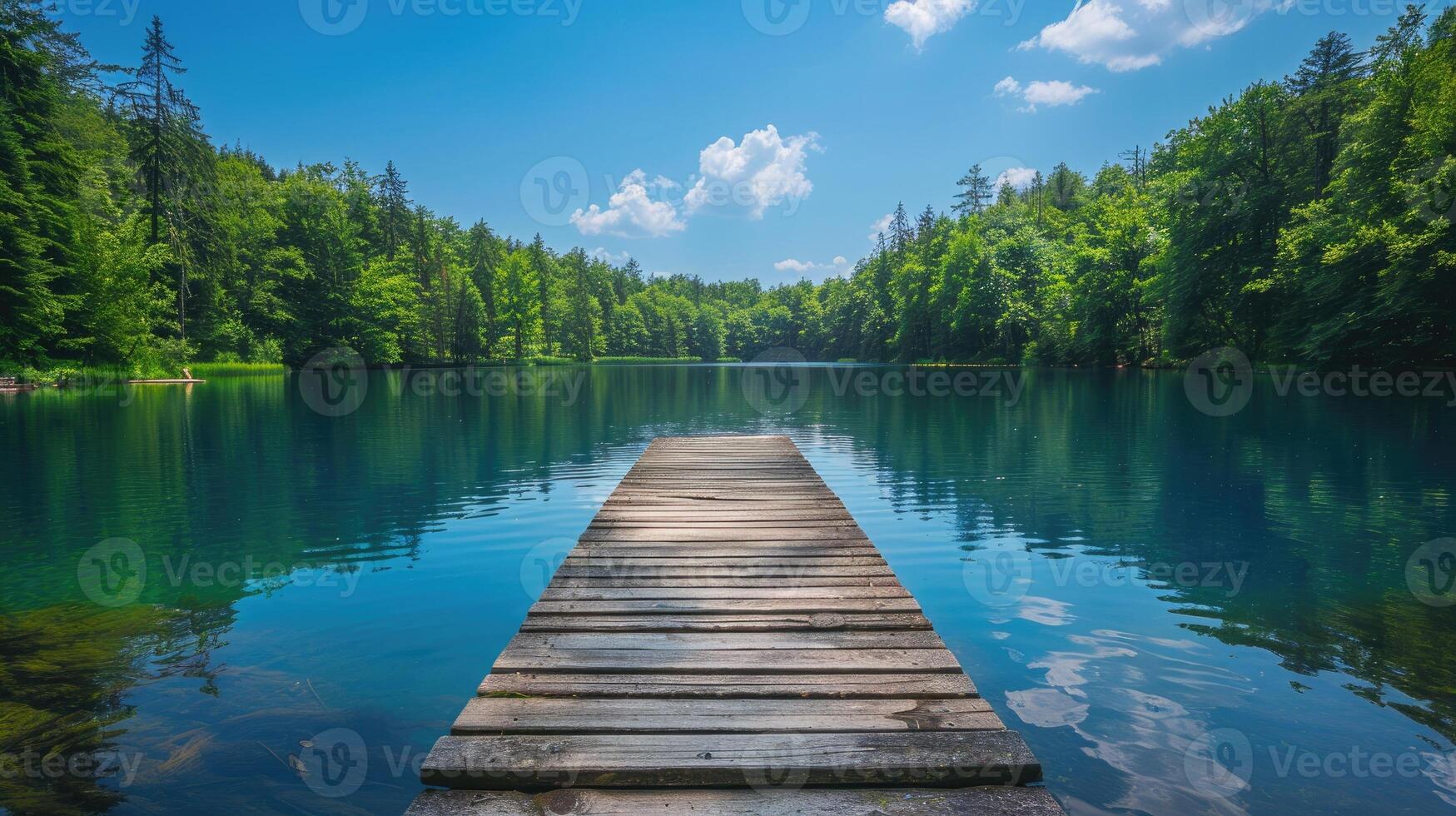 A serene scene featuring a wooden pier stretching into a tranquil, clear forest lake surrounded by lush green trees under a bright blue sky, ideal for relaxation and nature lovers. photo