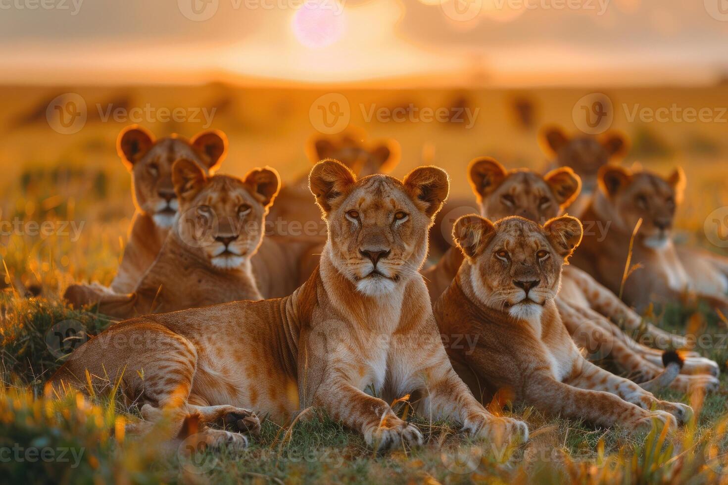 Group of many lioness wild cat animals lying on the ground, resting on a grass meadow field outdoors in African safari photo