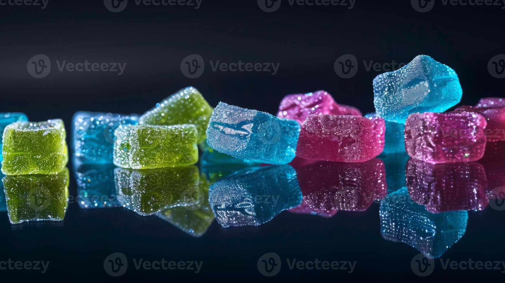 Vibrant Gummy Candies on Reflective Surface in Artistic Still Life photo