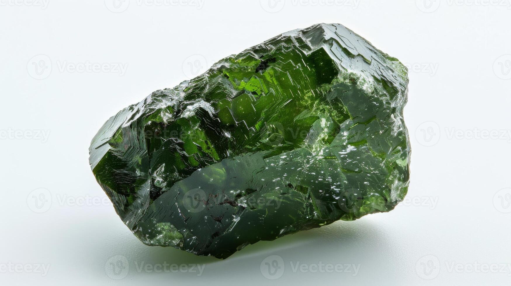 Close Up of a Single Polished Moldavite Gemstone, Green Glassy Mineral for Jewelry Design and Collection photo