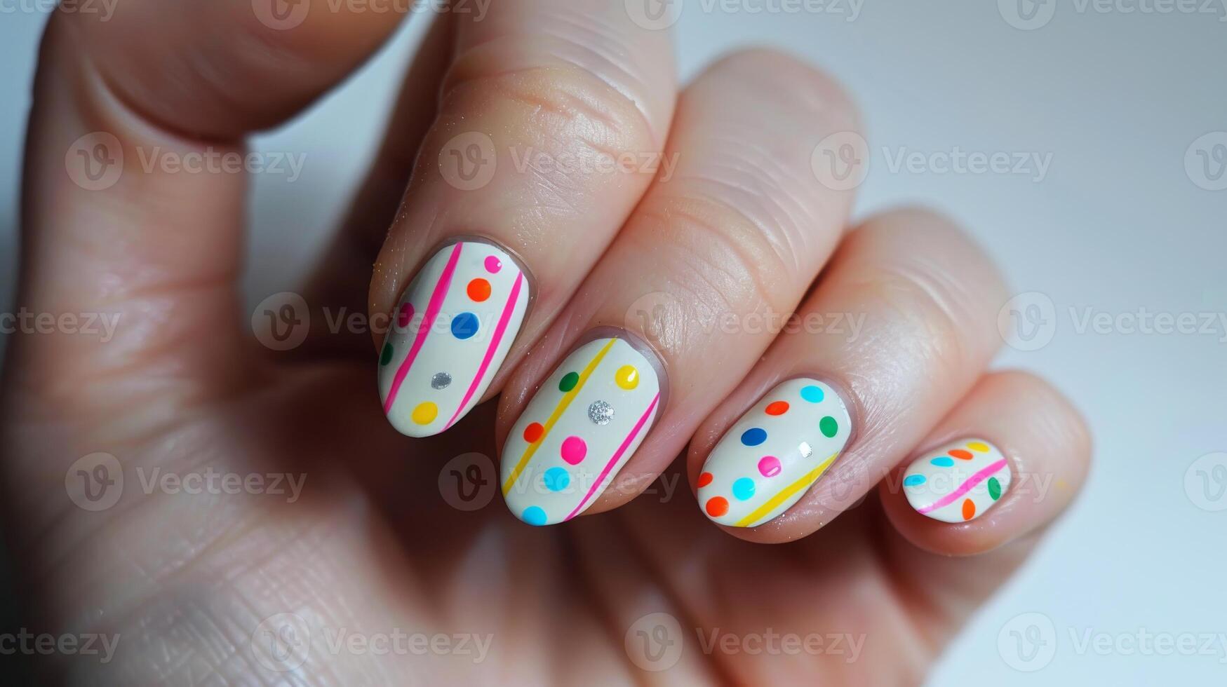 Bright and Playful Nail Art Design Featuring Polka Dots and Stripes for a Fun and Stylish Look photo
