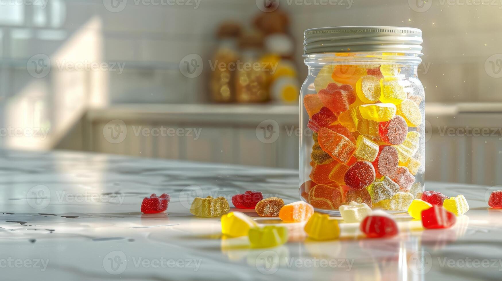 Colorful Assorted Gummy Candies in Clear Jar on Marble Counter in Sunlit Kitchen, Perfect for Posters, Prints, and Nutrition Blogs photo
