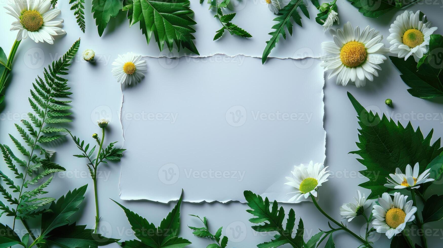 White blank paper surrounded in the style of daisies, green leaves on the edges photo