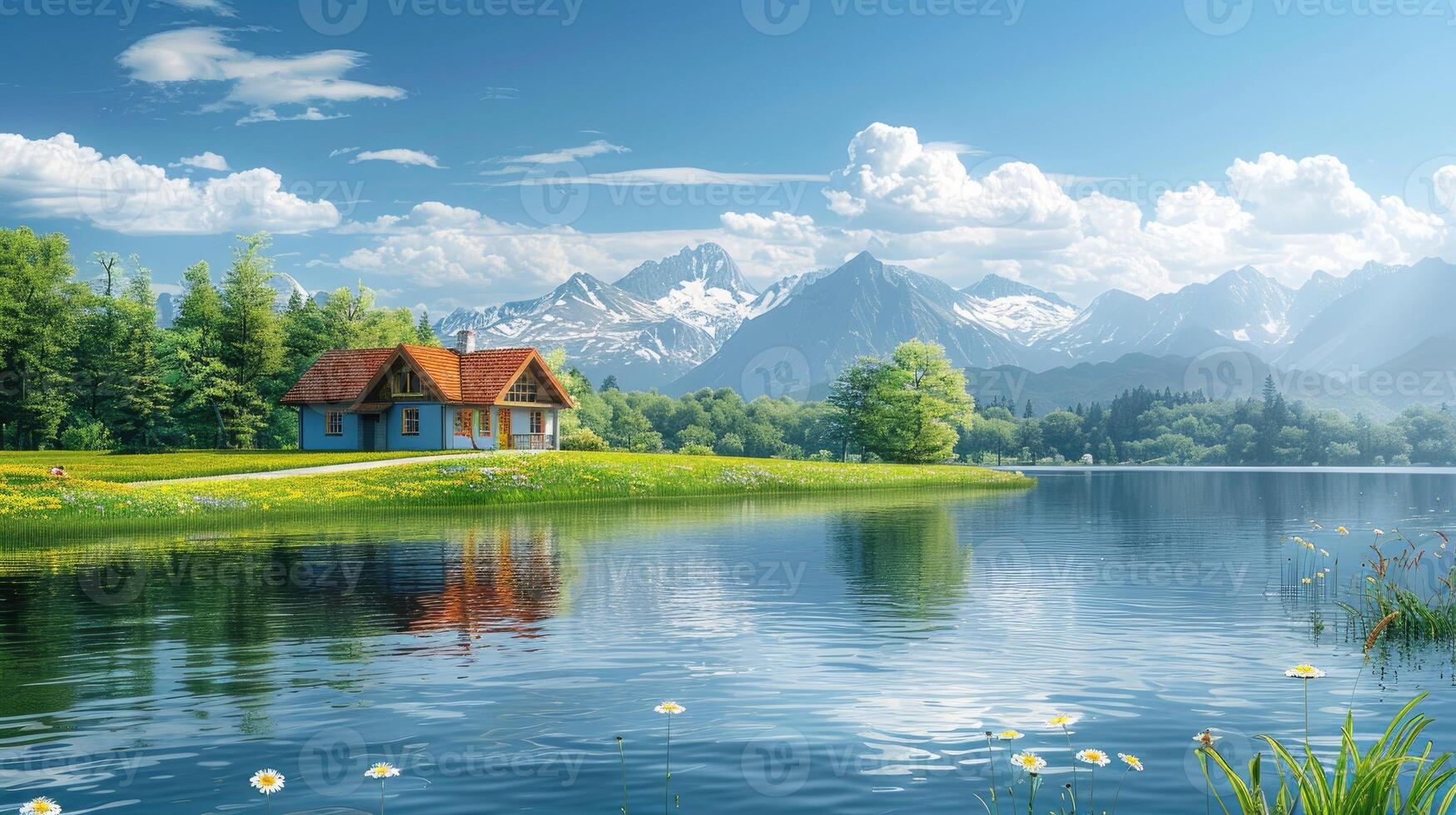 Scenic lakeside house with mountain and flower view photo