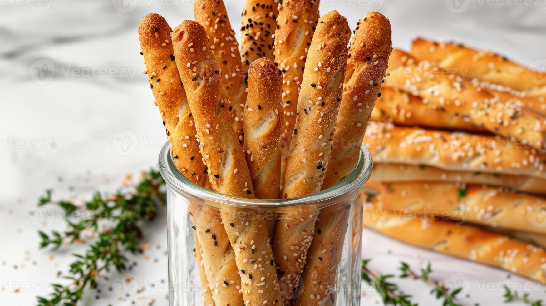 Selection of breadsticks with sesame seeds and herbs, displayed in a tall glass jar photo