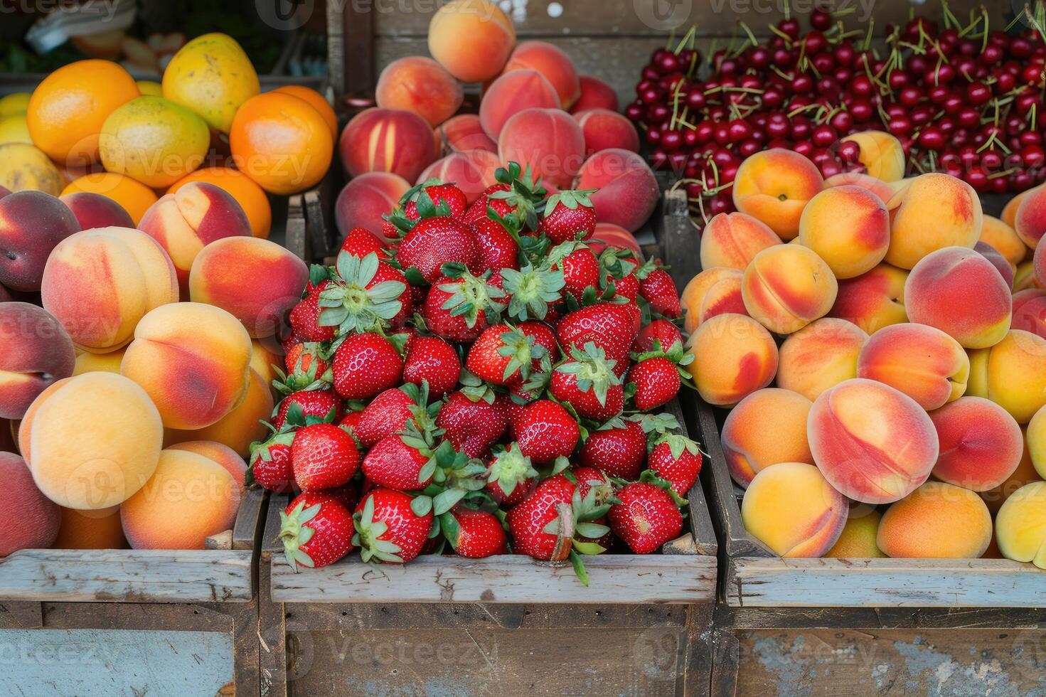 Fresh ripe peaches and strawberries displayed in cartons at a market, highlighting the colors and freshness of the fruits. photo