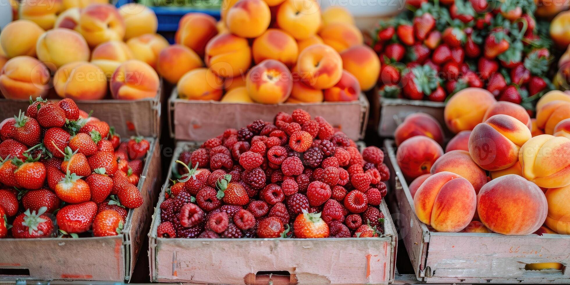 Fresh ripe peaches and strawberries displayed in cartons at a market, highlighting the colors and freshness of the fruits. photo