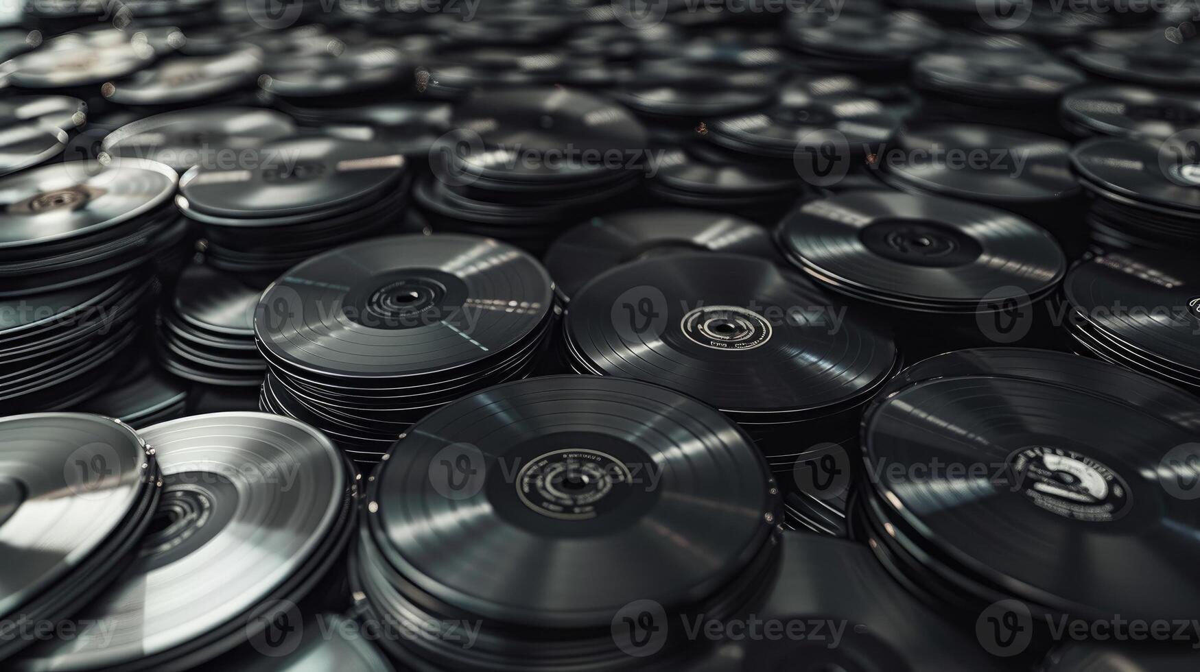 A collection of vinyl records displayed in stacks photo