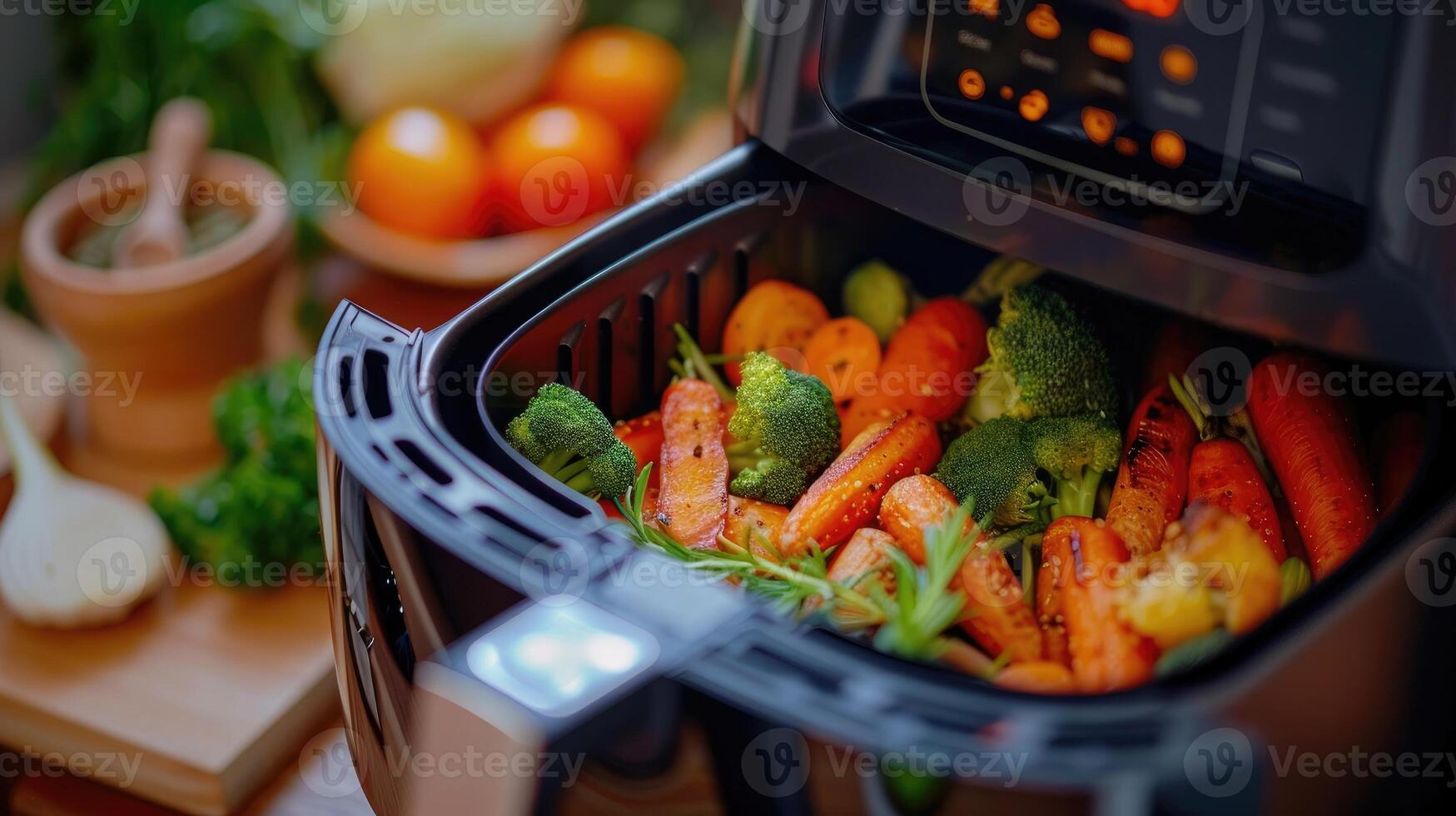 Variety of grilled vegetables, including carrots, bell peppers, and broccoli, garnished with fresh rosemary photo