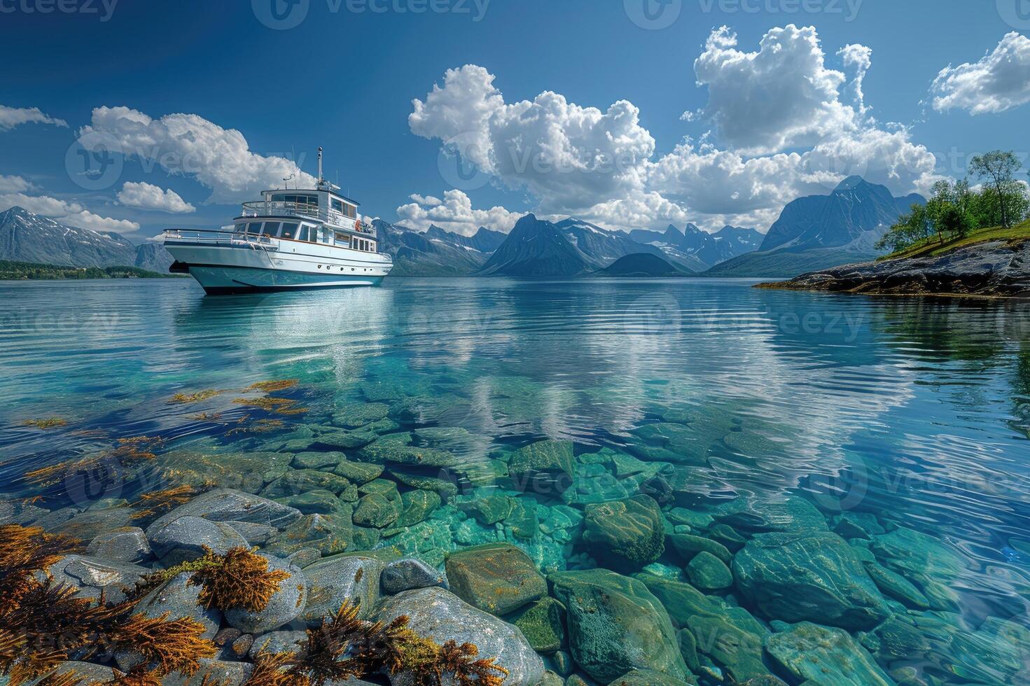 Scenic boat ride with mountains and crystal clear water photo