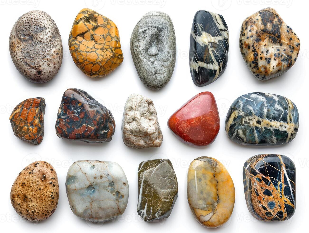 Colorful and varied collection of smooth river stones photo