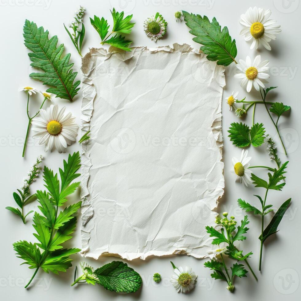 White blank paper surrounded in the style of daisies, green leaves on the edges photo